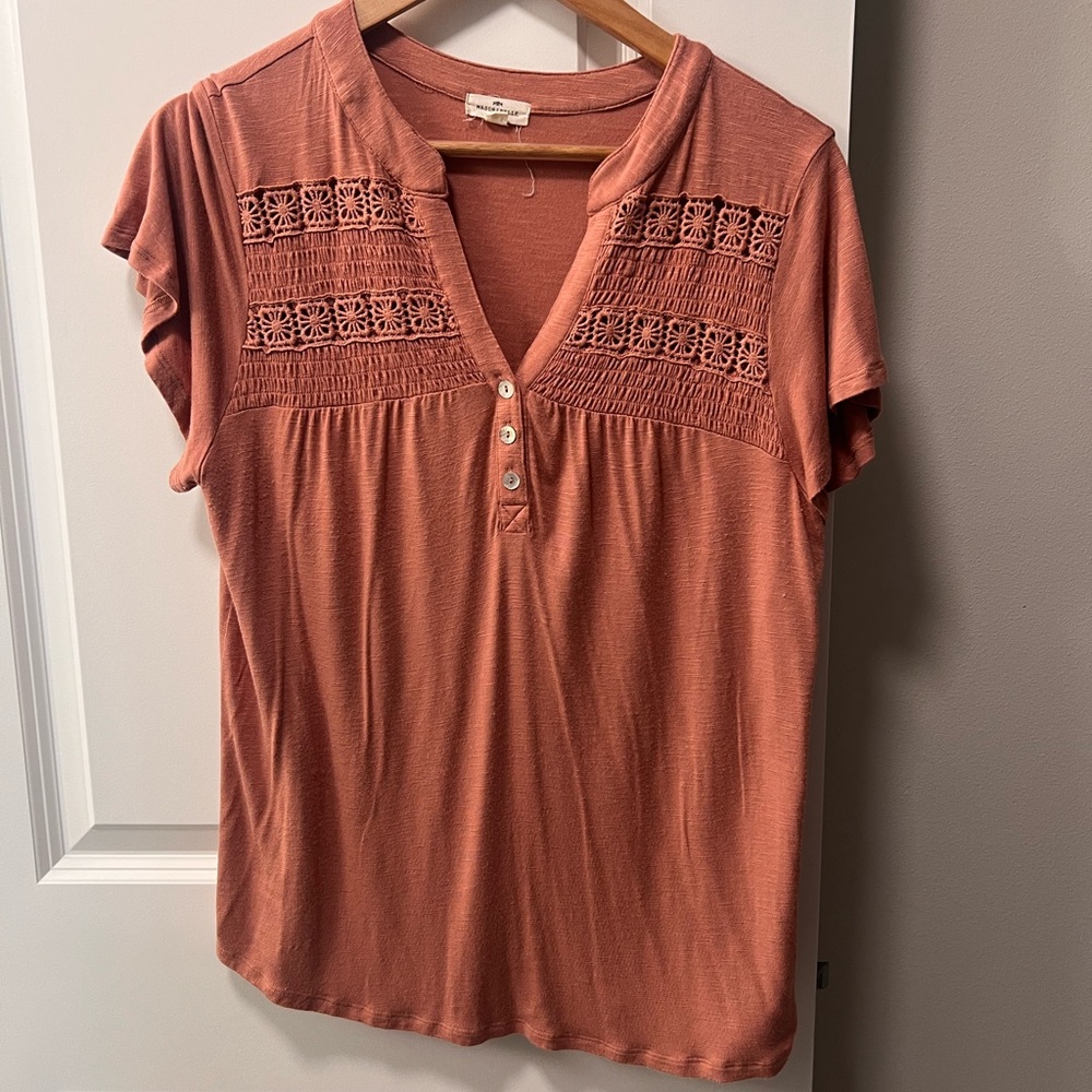 Elegant Crochet Accent Blouse in Terracotta